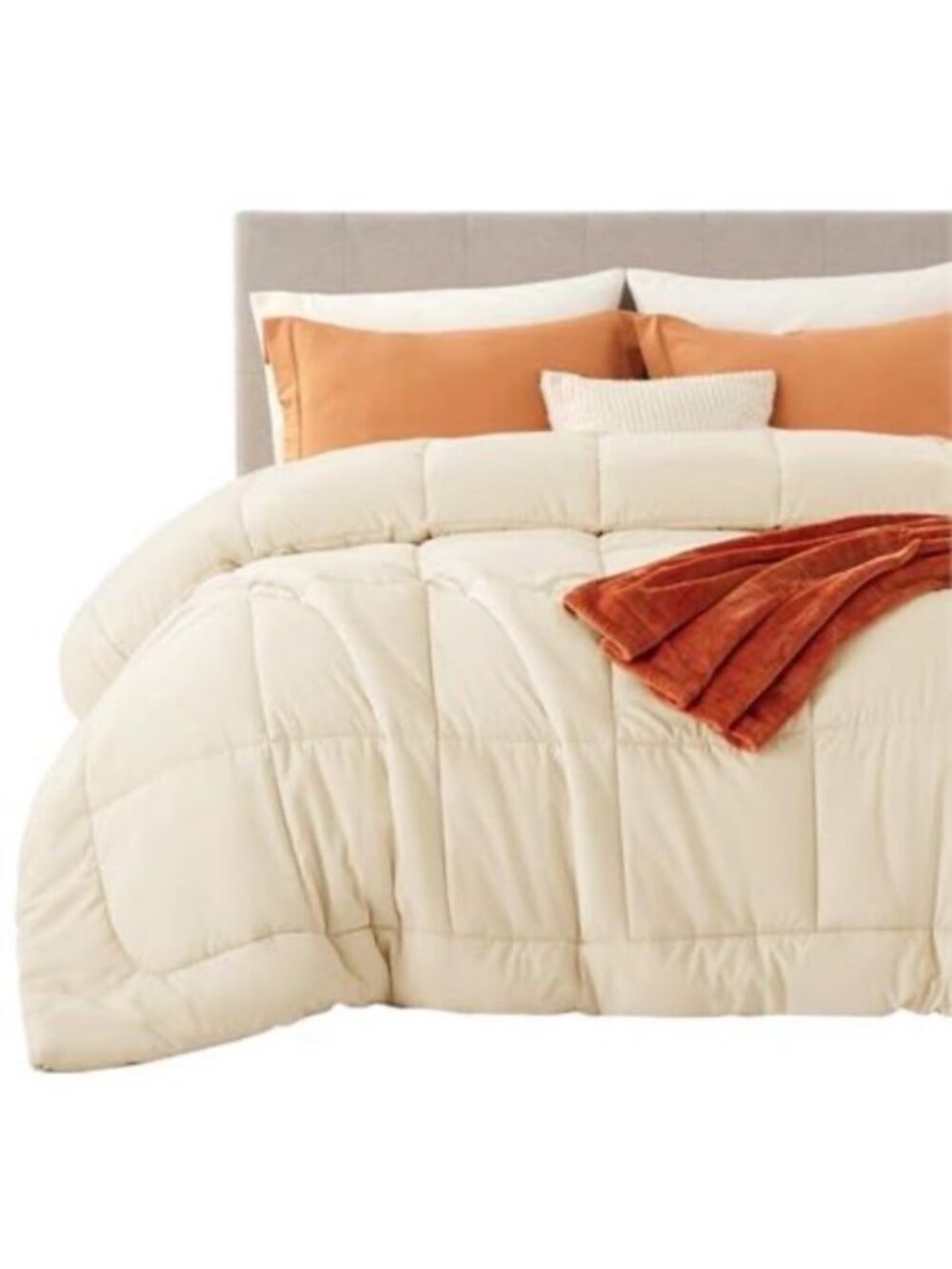 King Size Bedsure Comforter Set In Ivory With Quilted Design & Rust Throw Blanke